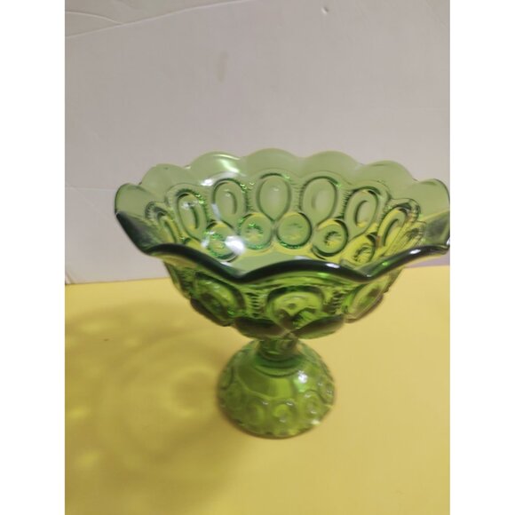 L.E. Smith Green Footed Compote Bowl Moon & Stars 6 5/8"H x 8"W - Picture 7 of 9